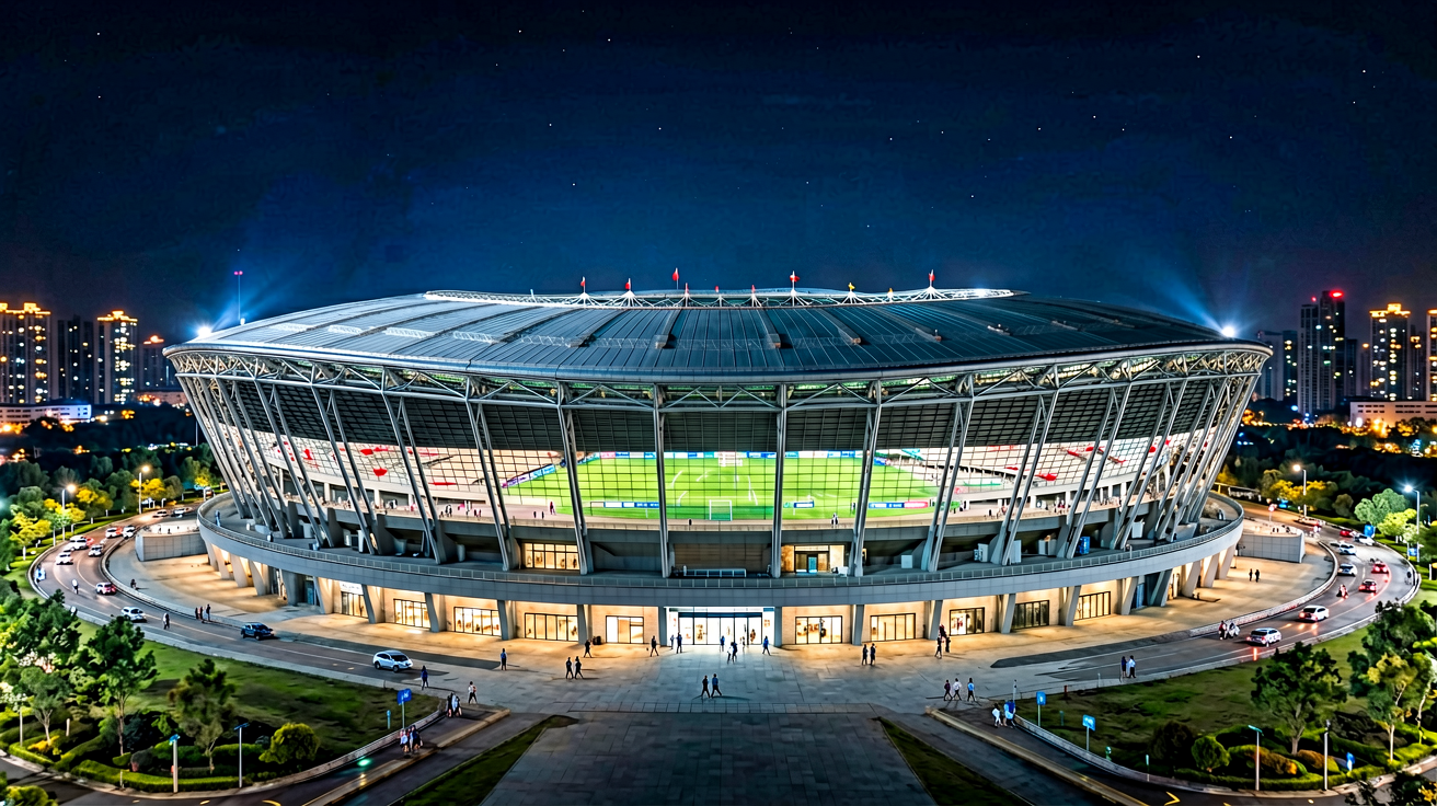 v66体育首页：现代化体育场馆夜景，象征全方位赛事覆盖